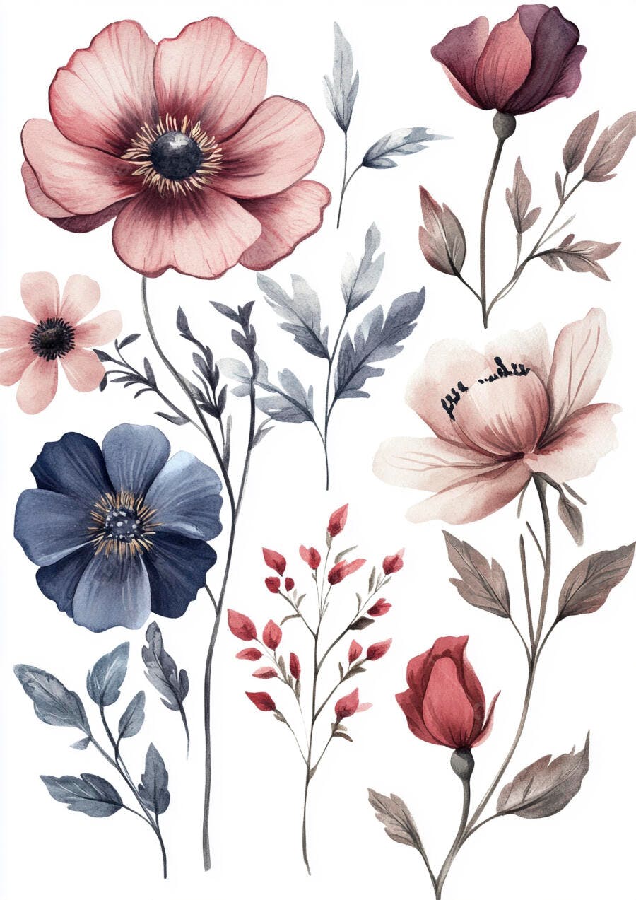 Flores em aquarela rosa, azul e bordô com folhas cinza claro