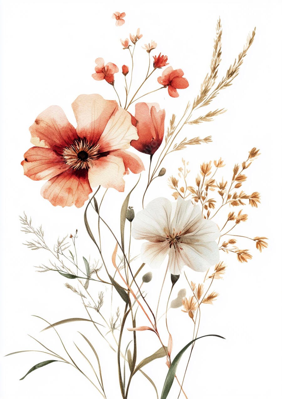 Flores campestres aquarela tons corais creme e terrosos fundo branco