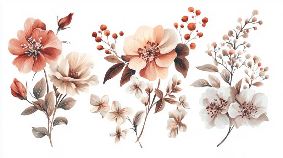 Arranjo floral em aquarela tons creme pêssego e terracota folhas marrons