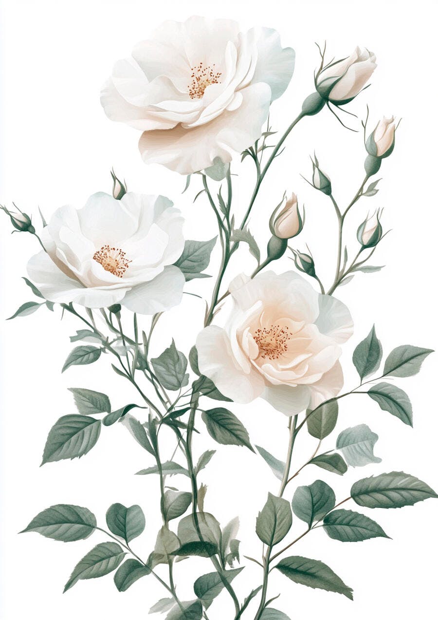 Rosas brancas ilustradas buquê com botões e folhas verdes