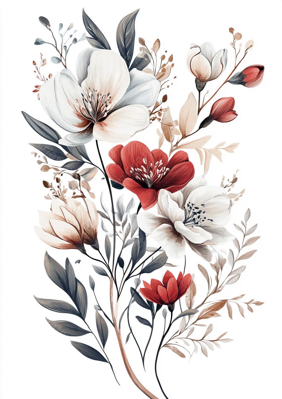 Arranjo floral elegante com flores brancas e vermelhas em aquarela