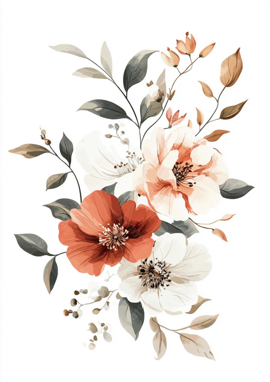 Buquê de flores aquarela branco laranja e verde elegante