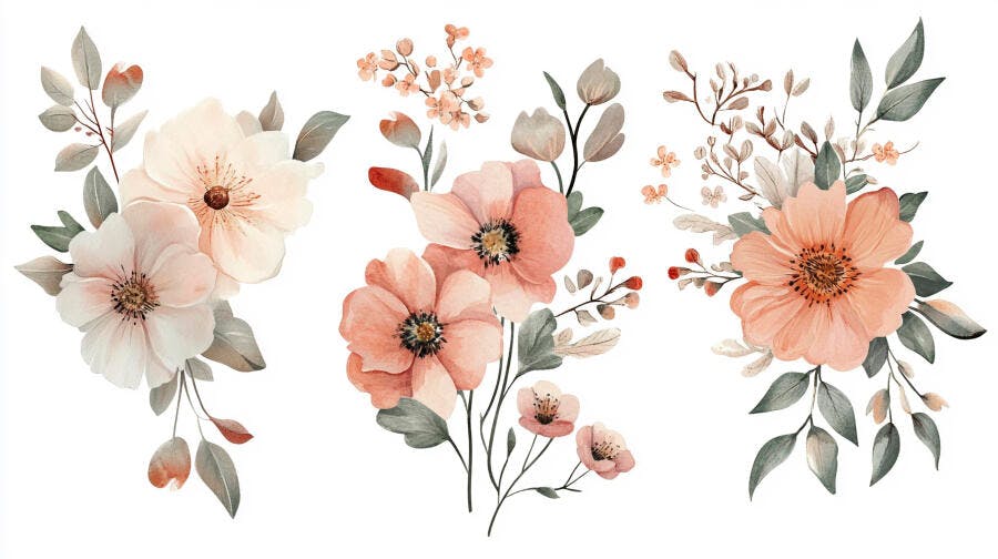 Buquês florais aquarela tons pastel pêssego rosa verde ilustração delicada