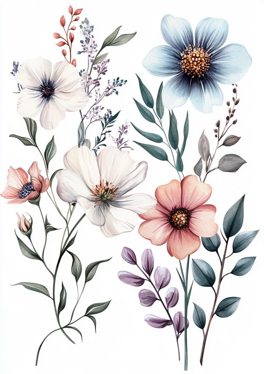 Flores aquarela brancas azuis e rosas com folhagens verdes arranjo delicado