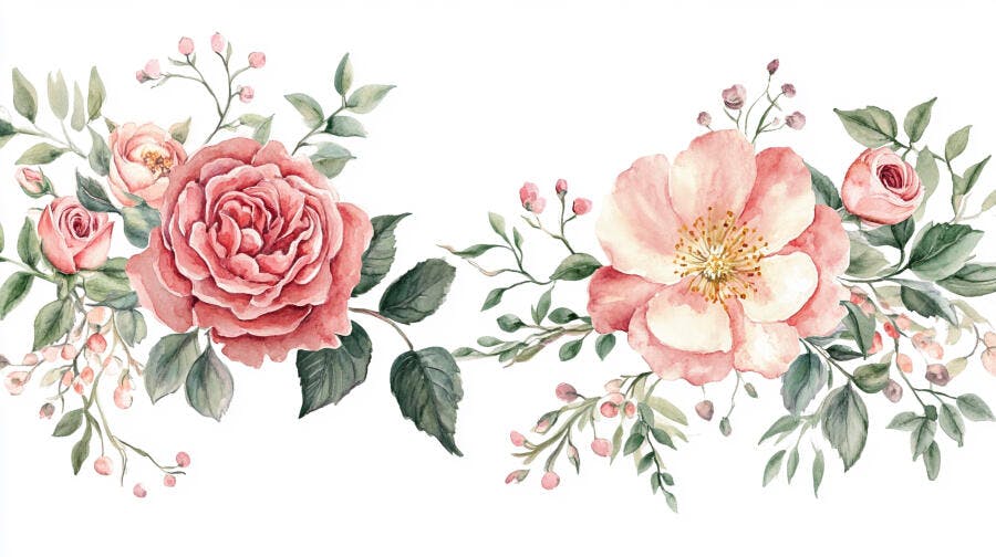 Arranjo floral aquarela rosas cor de rosa com folhas verdes fundo branco