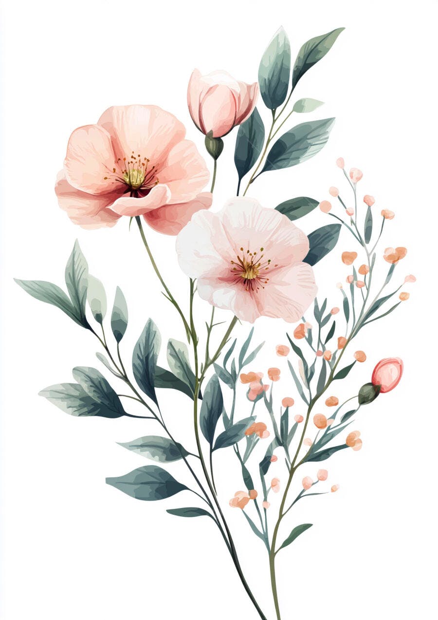 Buquê floral aquarela com flores rosa pêssego e folhas verde menta delicado