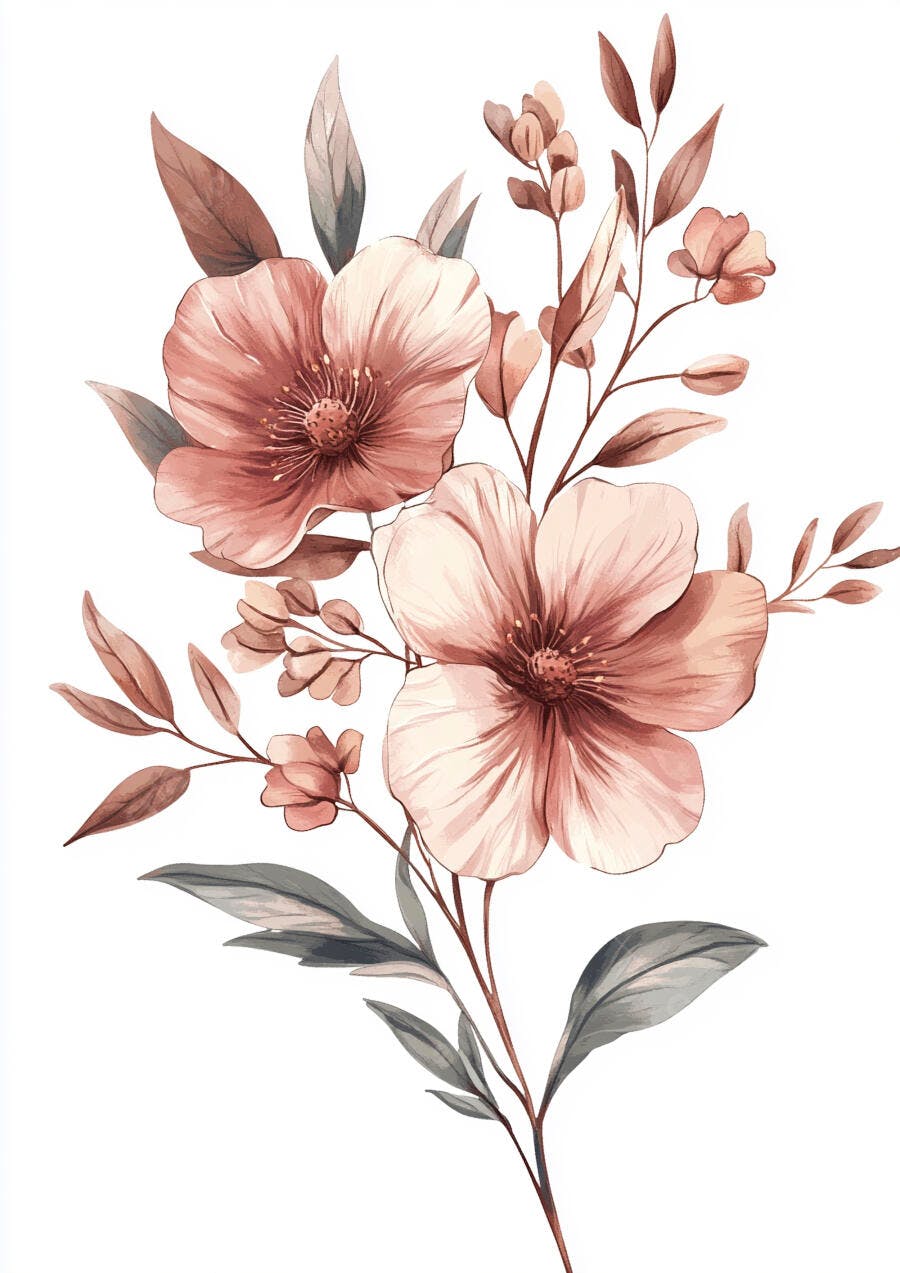 Buquê de flores em aquarela tons rosa pálido e folhas cinza