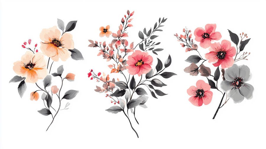 Arranjos florais aquarela pêssego rosa cinza fundo branco