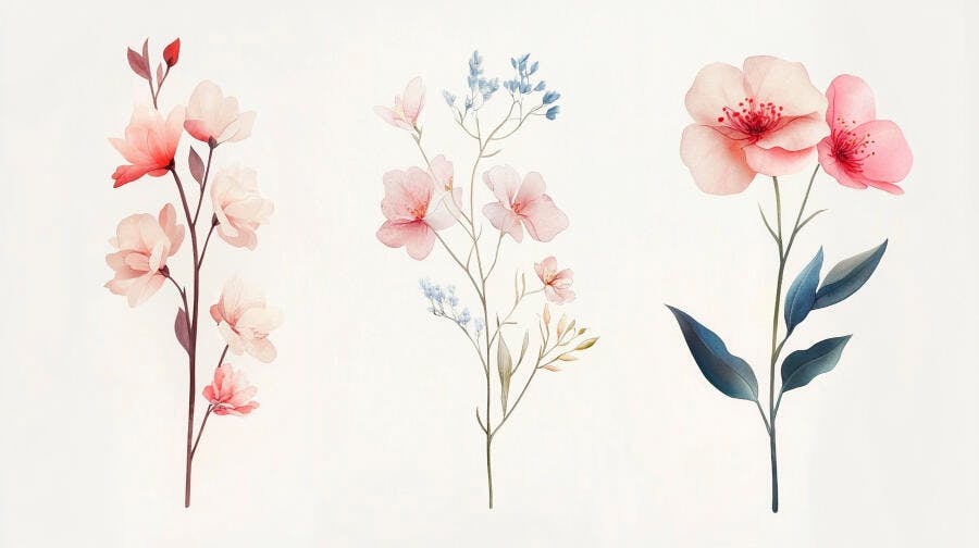 Coleção de ilustrações florais em aquarela com flores rosa e folhas azuis