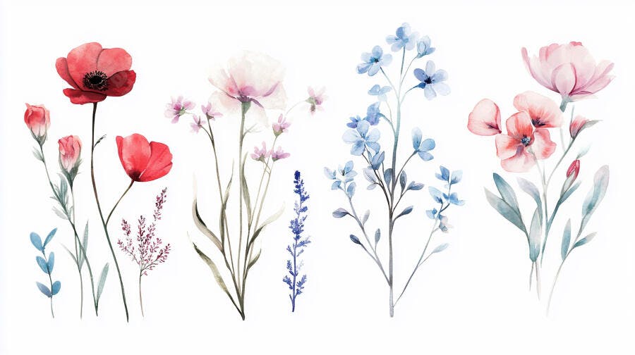 Flores aquarela coloridas com papoulas vermelhas e azuis em fundo branco