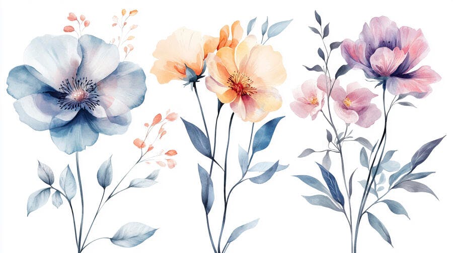 Arranjo floral aquarela cores pastel azul laranja rosa etéreo