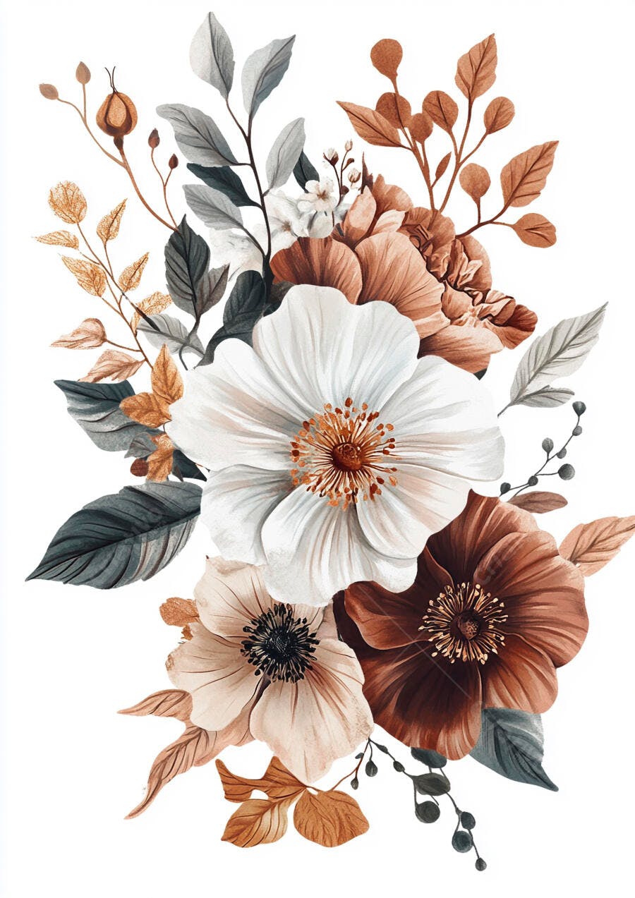 Buquê floral elegante em aquarela com flores brancas e tons terrosos de outono