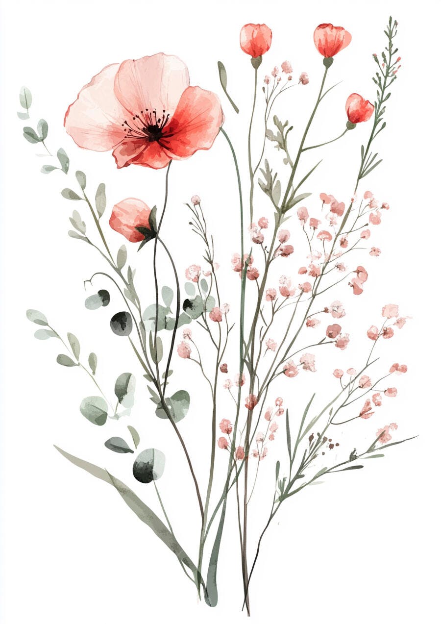 Flores em aquarela arranjo floral de papoula rosa e folhas de eucalipto