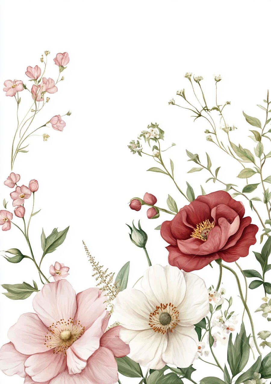 Arranjo floral aquarela flores rosa vermelha e branca com folhas verdes