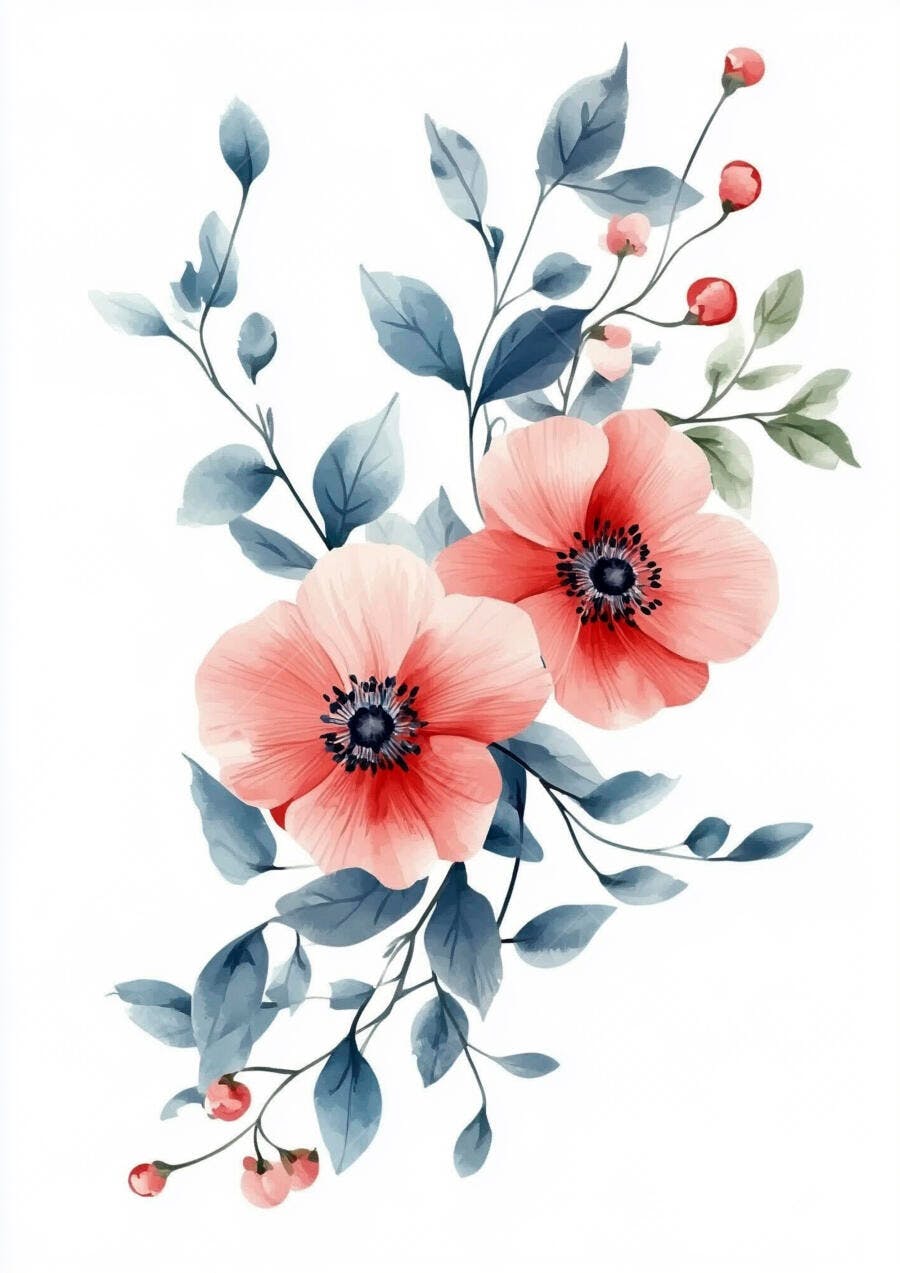 Flores aquarela rosa e folhas azuis em arranjo botânico delicado