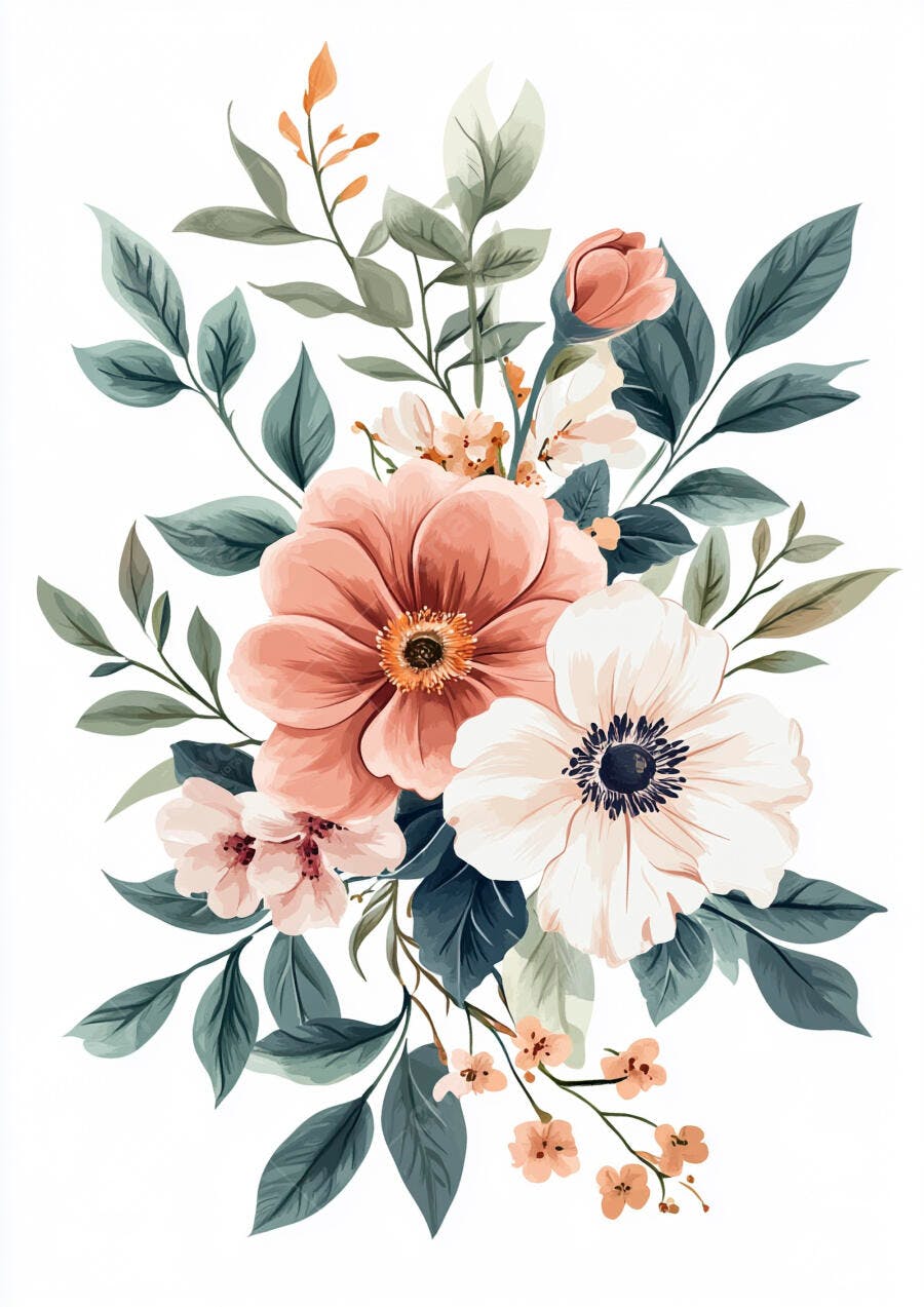 Arranjo floral de aquarela com flores pêssego brancas e folhagem verde