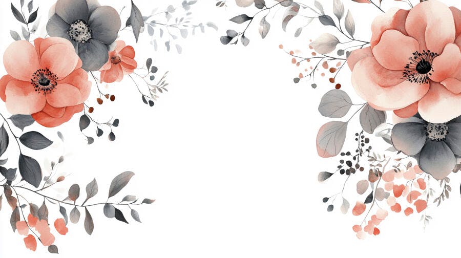 Arranjo floral aquarela em tons de pêssego e cinza moldura decorativa