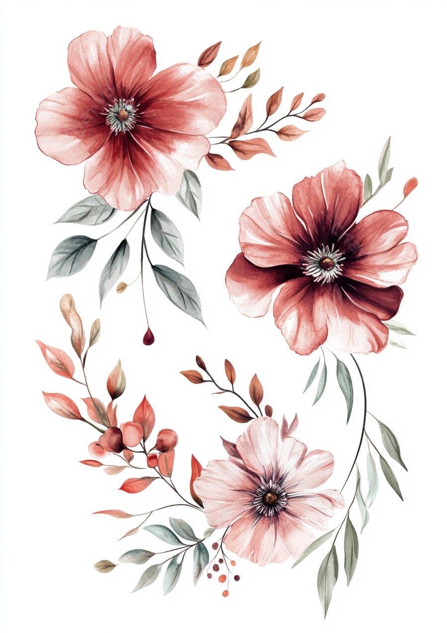 Arranjo de flores em aquarela tons de rosa e folhagem botânica
