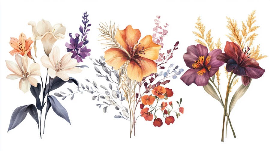 Buquês florais em aquarela lírios brancos hibiscos laranja e flores roxas