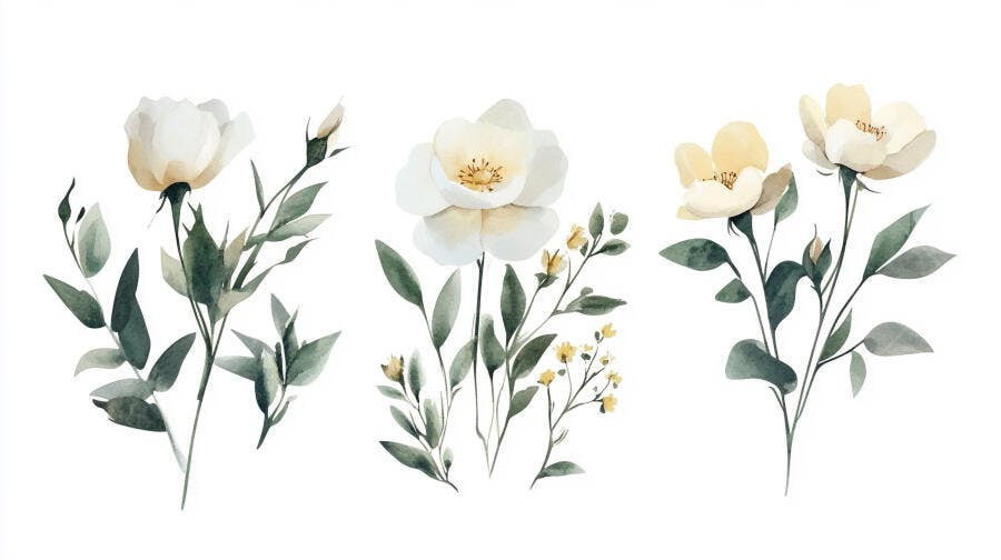 Flores brancas e amarelas em aquarela com folhas verdes ilustração botânica delicada