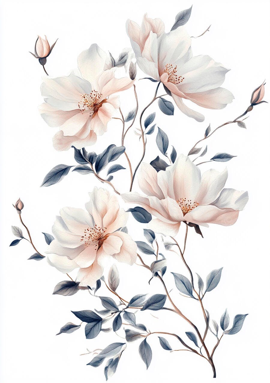 Ilustração aquarela de flores brancas e rosadas com folhas azuis acinzentadas