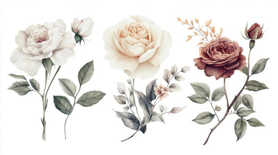 Rosas em aquarela brancas pêssego e vinho com folhas cinzentas estilo botânico