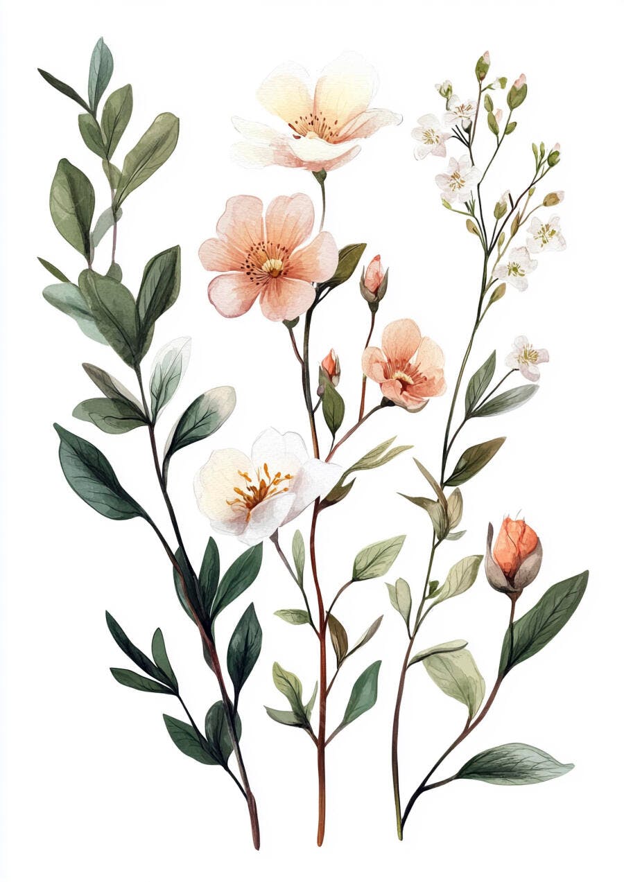 Flores aquarela rosa pêssego e brancas com folhagens verdes delicadas