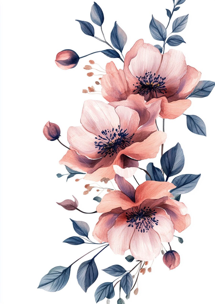 Flores em aquarela rosa e folhas azul-escuras arranjo decorativo elegante