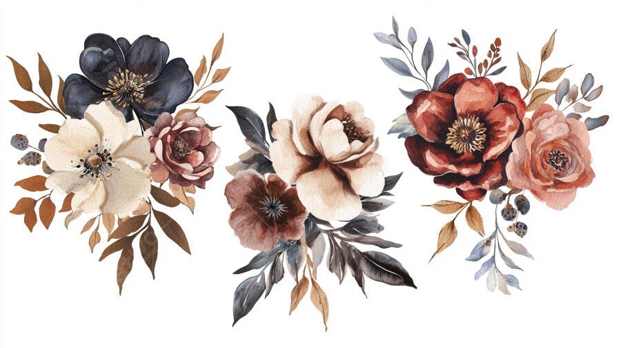 Buquês de flores em aquarela tons terrosos e escuros para design gráfico