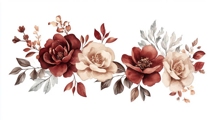 Arranjo floral aquarela em tons outonais com rosas e folhas para design