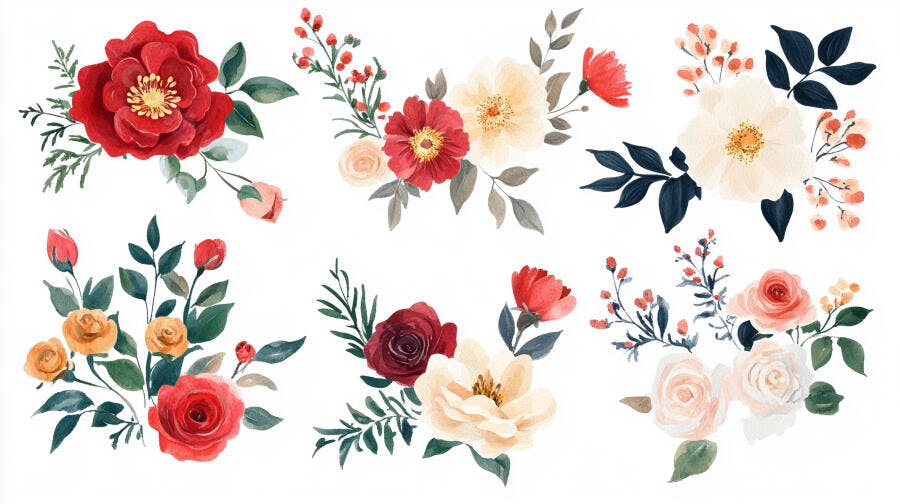 Arranjos florais aquarela vermelho creme e rosa com folhas verdes em fundo branco