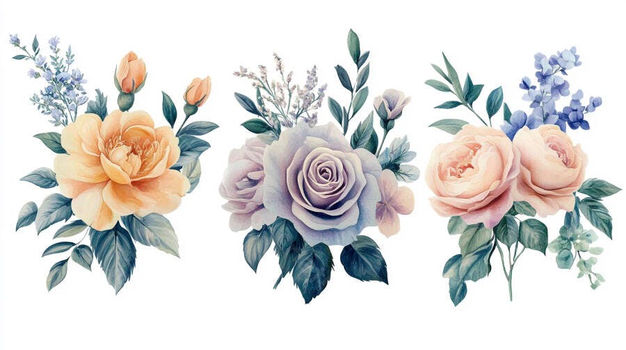 Buquês florais aquarela em tons pastel pêssego lavanda rosa claro para design