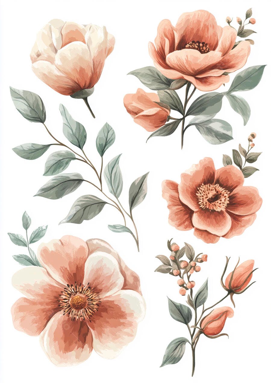 Flores de aquarela pêssego e terracota com folhas verde-sálvia delicadas