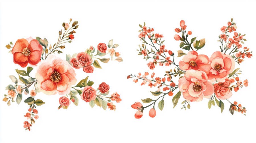 Buquê de flores em aquarela tons de pêssego coral e verde para design