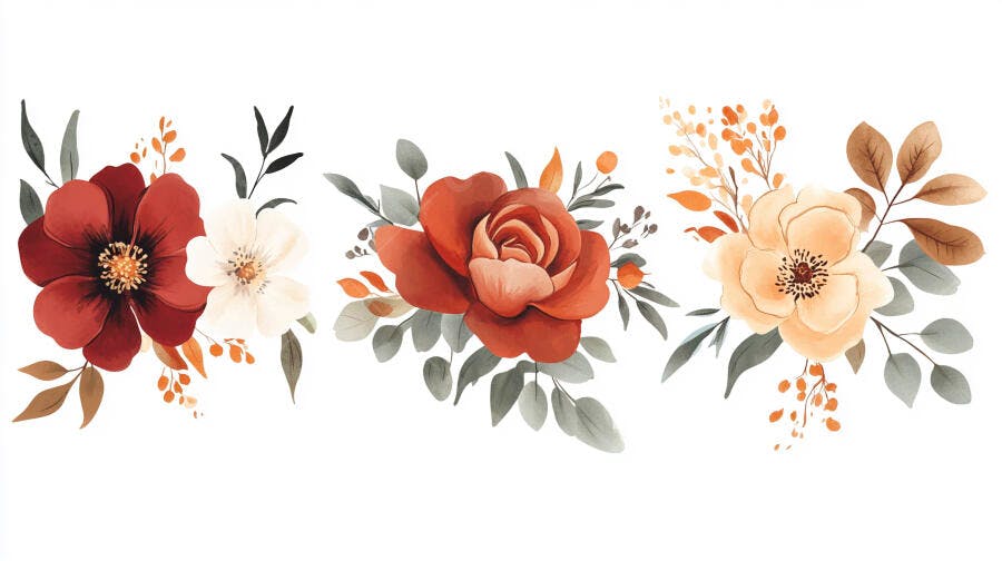 Arranjos florais em aquarela outonal bordô creme e laranja pêssego