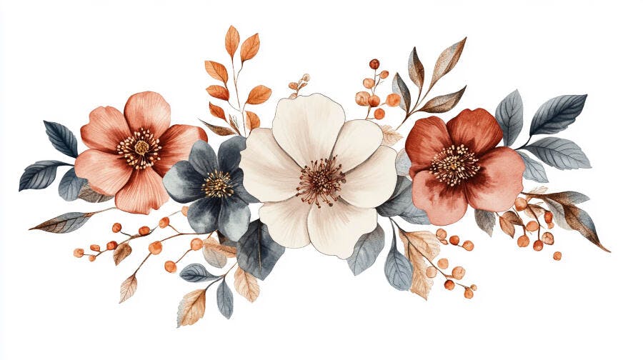 Arranjo floral aquarela com flores em tons terrosos e azuis estilo boho