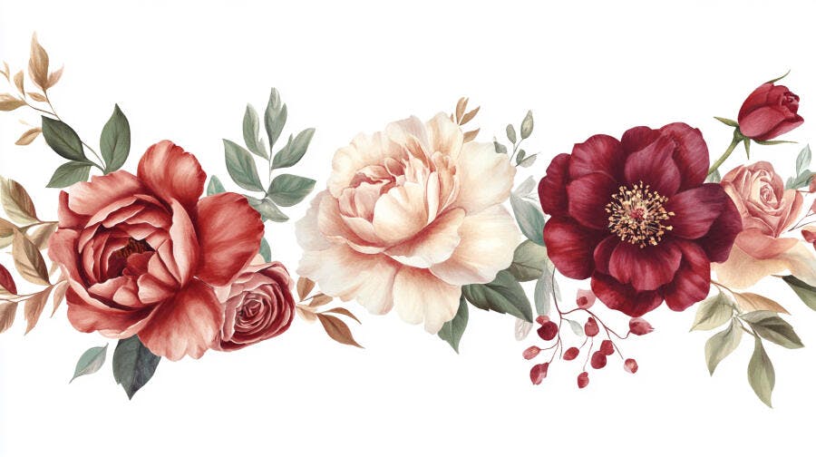 Guirlanda de flores em aquarela tons de vermelho rosa e creme com folhagens verdes