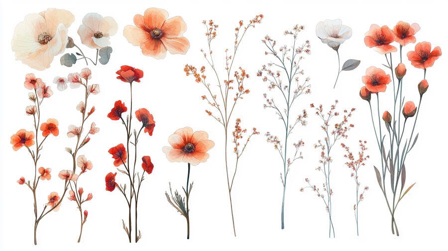 Flores de aquarela coral e vermelhas com ramos delicados em fundo branco