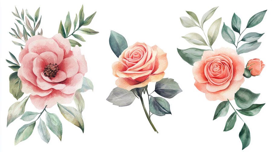 Rosas em aquarela rosa pêssego e folhas verdes ilustração floral delicada
