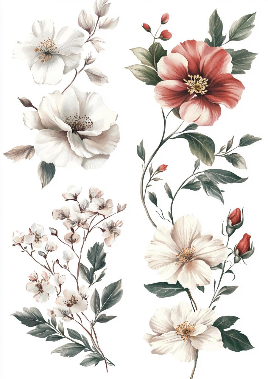 Ilustração aquarela flores brancas rosa avermelhadas e botões em ramos elegantes