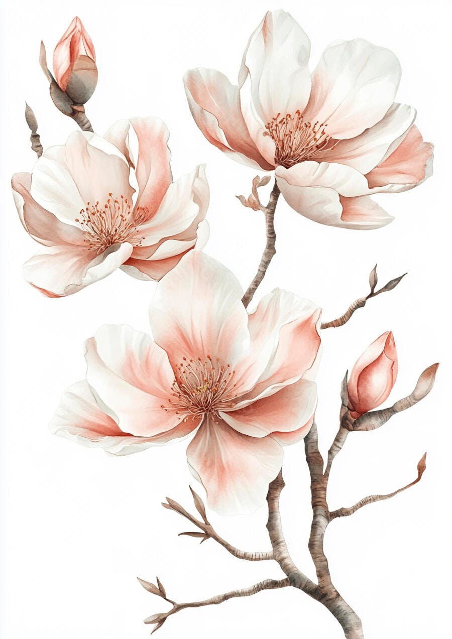 Magnólias desabrochando rosa e branca em aquarela com botões em galhos