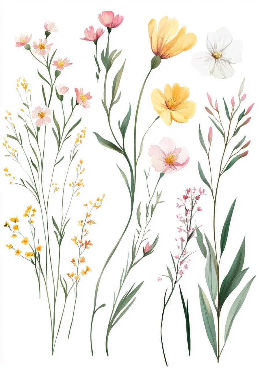 Flores silvestres em aquarela ilustração botânica delicada com tons de rosa e amarelo