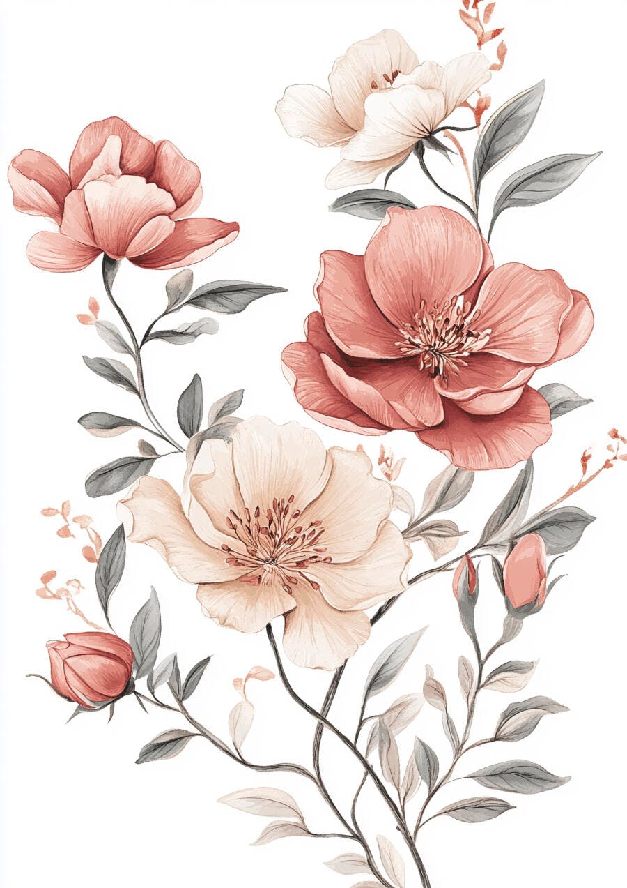 Flores de aquarela em tons de coral e creme com folhagens cinzentas
