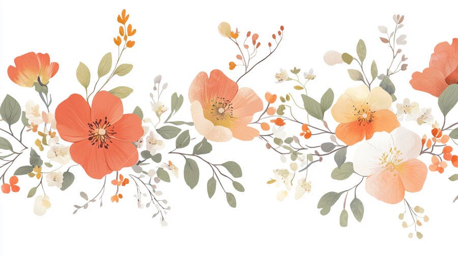 Ilustração aquarela floral com flores pêssego laranja e folhas verdes em fundo branco