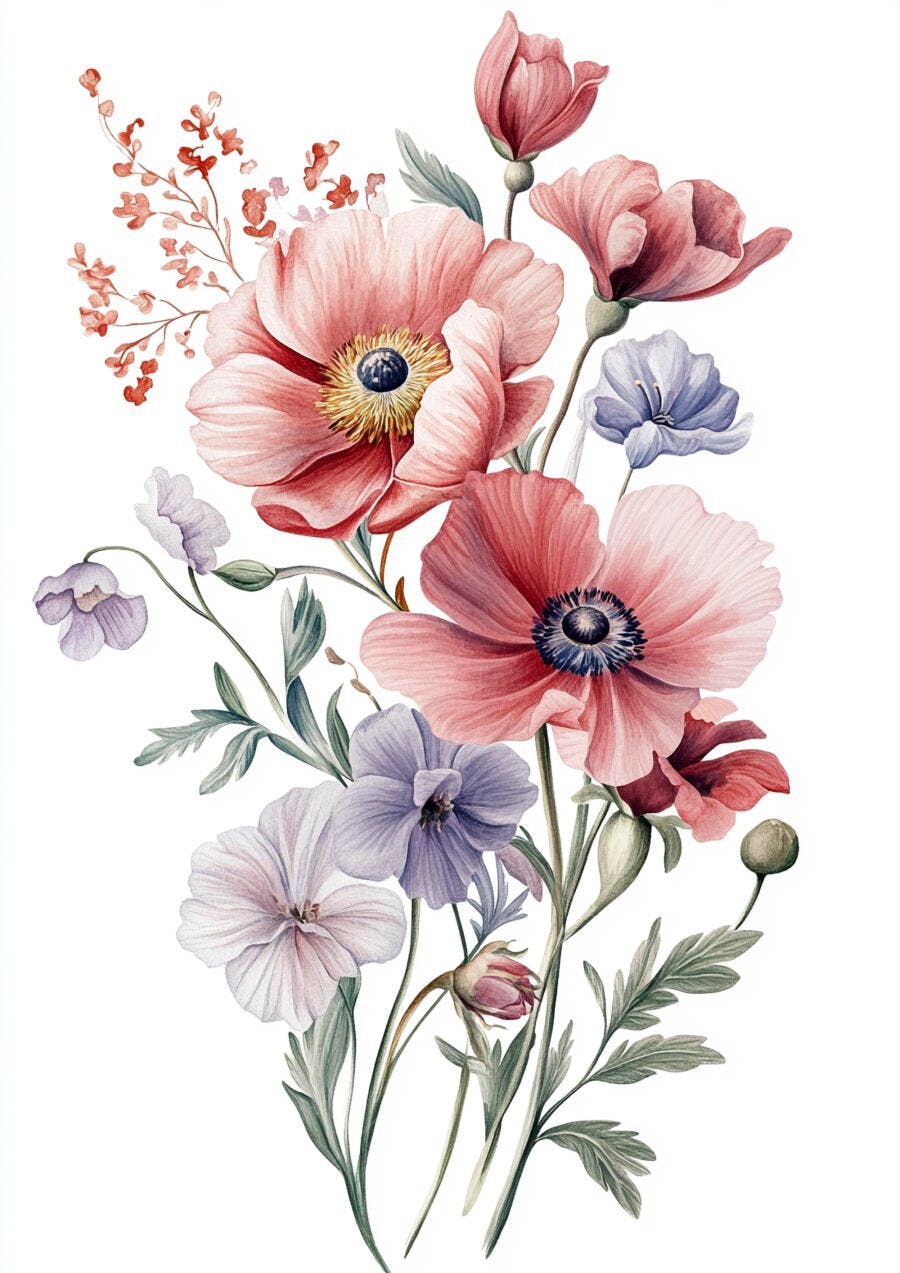 Buquê de flores aquarela rosas lilases em ilustração botânica