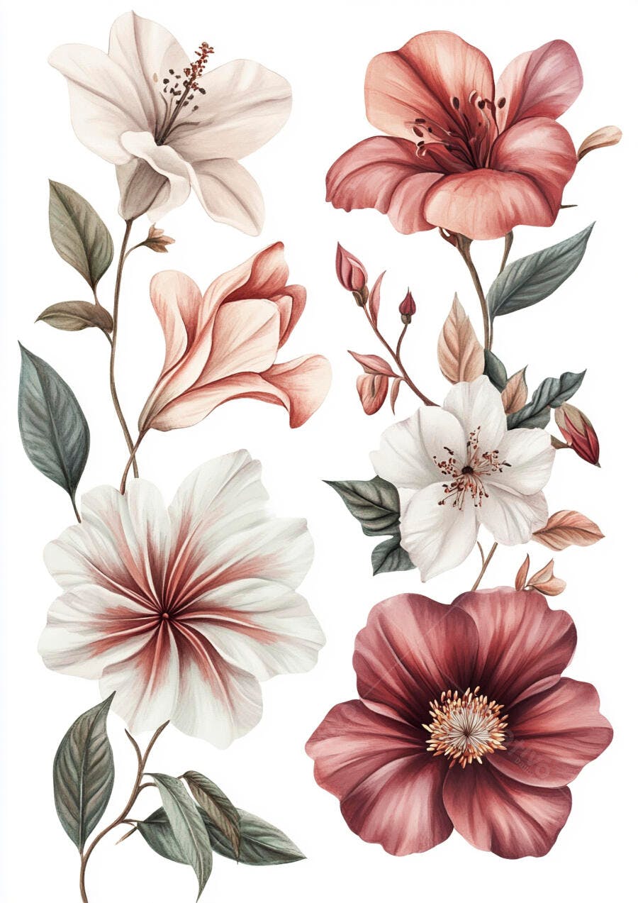 Ilustração floral botânica em aquarela com flores rosas e brancas
