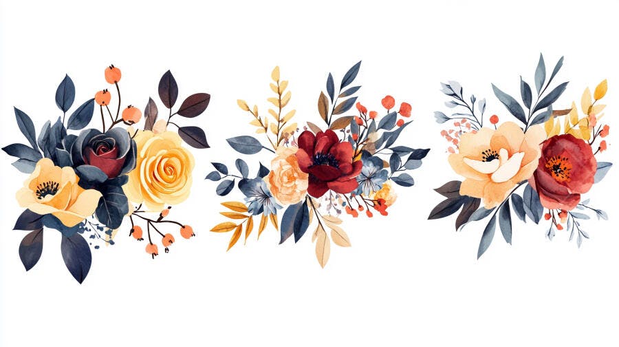 Buquês de flores em aquarela estilo outono tons quentes e azuis