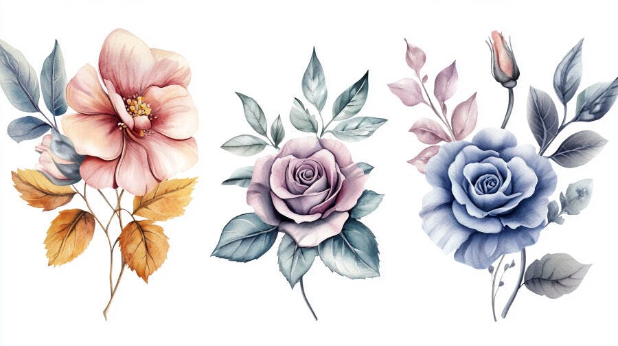 Arranjo floral aquarela rosas e flor pastel rosa azul e lilás com folhas