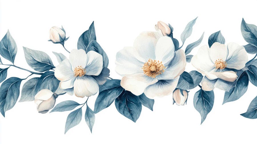Flores brancas de aquarela com folhas azuis delicadas em borda horizontal