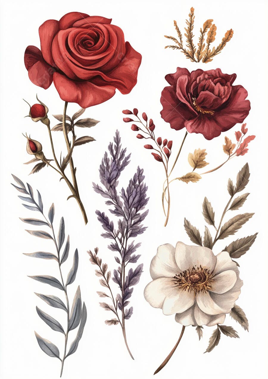 Rosas vermelhas e elementos botânicos ilustração aquarela floral vintage